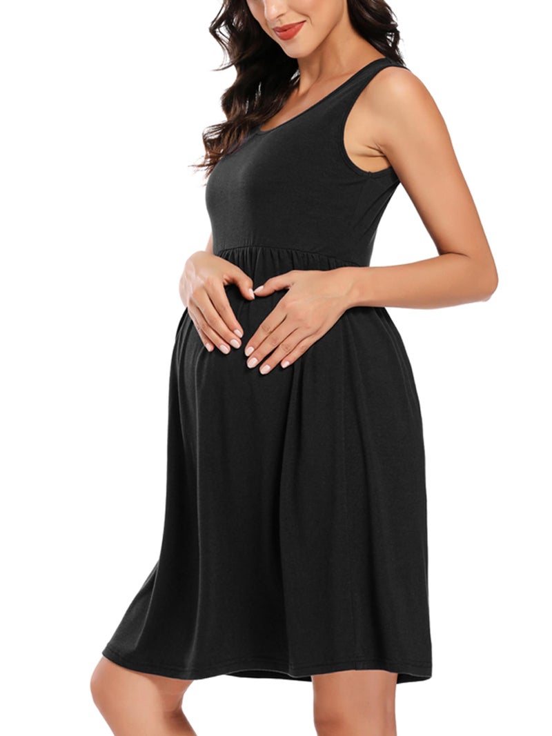 Ecavus Womens Maternity Tank Dress Stripe Color Block Sleeveless Knee Length for Baby Shower - Image 3